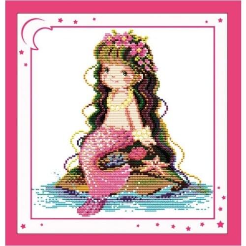 Little Mermaid Cross Stitch Kit on Reef, Small Size Handmade Sewing Embroidery Furniture Cloth 11CT 14CT China Wholesale
