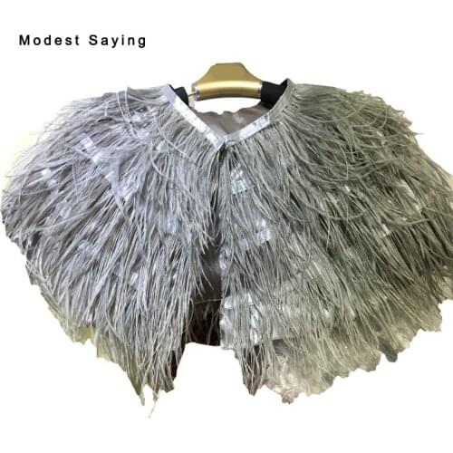 Real Elegant Grey Ostrich Feather Wedding Fur Boleros 2017 Bridal Jackets Cape shrug for evening dresses Wedding Accessories B61