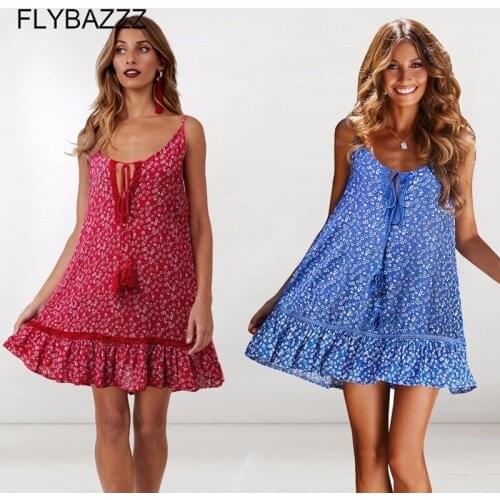 New Women Sexy Flower Print Retro Loose Dress Backless Ruffle Party Club Beach Dress Seaside Holiday Dress Plus Size With Tassel