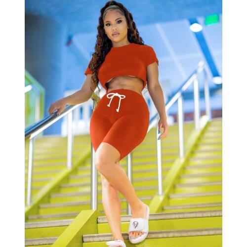 Adogirl Solid Color Womens Two Piece O Neck Short Sleeve T-Shirt And Elastic Shorts Sport Active Sweatsuit 2021 Summer Outfits