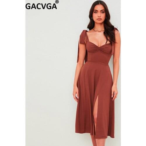 GACVGA Sleeveless Strap Midi Dresses Party Club Sexy Backless Elegant Split Dress Summer Women Holiday Sundress Vestidos