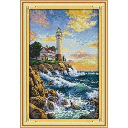 Needlework,DIY DMC Cross stitch,Sets For Embroidery kits,Sea Light House Beautiful Scenic Tower Patterns Cross-Stitch kits