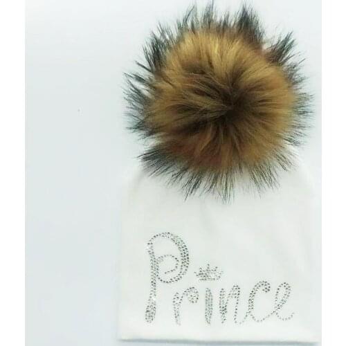 Infant prince crown diamond embroidery baby knitted cotton raccoon Faux Fur pom pom hat cap beanie for girl and boy gorros bebe