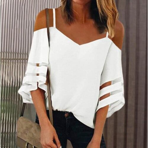 50%HOTChiffon Shirt Printing Off Shoulder Summer Flare Sleeve Mesh Patchwork Tops for Home
