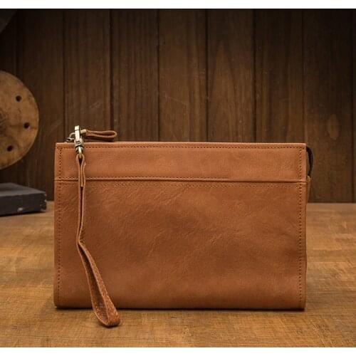 GROJITOO Handmade Genuine Leather Handbag for Men Casual Texture Wallet High Quality Large Capacity Cowhide Zipper Bag Coin Bag