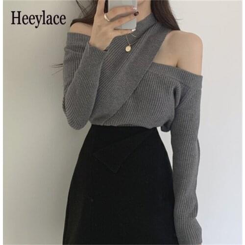 Women Sweater Knitted Spring Autumn 2021 New Cutout Sexy Off Shoulder Cross Korean Style Wild Warm Design Lady Tops