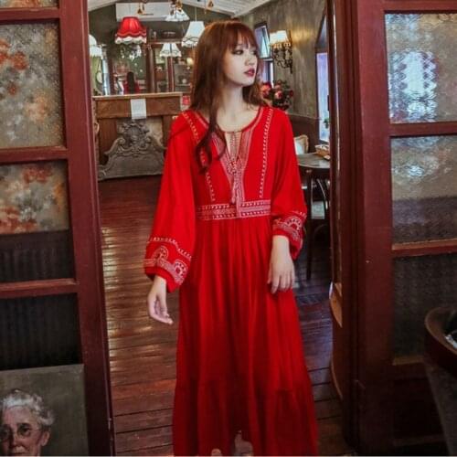 Thailand Nepal national style retro embroidered loose dress Bohemian tourist beach long dress lantern sleeve tassel red dress