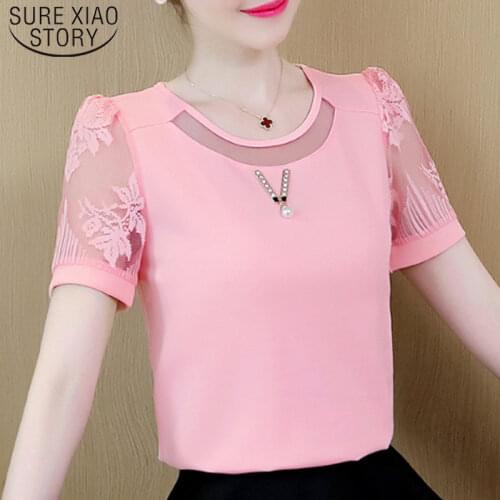 Korean Short Sleeve Tops Ladies Shirts Summer Women Tops Plus Size Women pink shirt Mesh womens clothing 4688 50