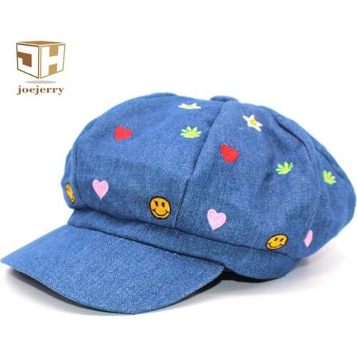 Joejerry Cute Embroidery Women Berets Denim Bone Female Beret Newsboy Cap Girls Sun Visor Hat Size Adjust