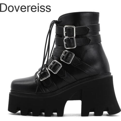 Dovereiss Winter New Fashion Sexy Cross Lacing Goth Round Toe Buckle Chunky Heels Short Boots Matin Boots 40 41 42 43 44