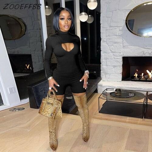 ZOOEFFBB Sexy Cut Out Playsuit for Women Long Sleeve Birthday Bodysuit Y2k Zipper Up Clothes One Piece Night Club Shorts Rompers