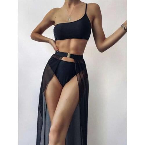 Bathing Suit Women 3 Piece Set Swimsuit Solid Bikini with Cover Up Mesh Swimwear Swimming Suit for Women Sexy Bikinis 2021 New