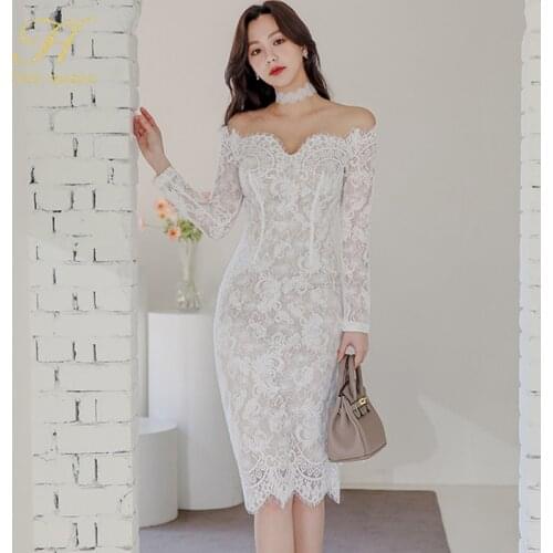 H Han Queen 2021 Spring Sexy Lace Pencil Bodycon Dress Women Hollow Out See Through Sheath Dresses OL Slash Neck Work Vestidos