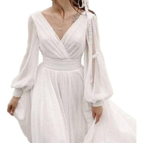 2021 Spring and Summer New Cross-model Womens Pure White Long-sleeved V-neck Open Back Big Swing Dress Sexy Dress