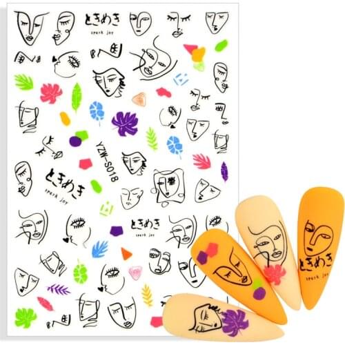 1 Sheet Abstract Lady Face Nail Decals Adhesive Black Leaf Sliders Paper Nail Art Decoration Sticker Manicure Foils