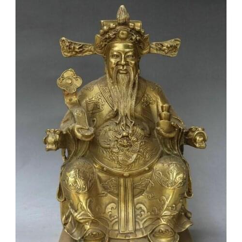 10" Old Chinese Bronze Mammon Money Wealth God Dragon Chair Ruyi Yuanbao Statue