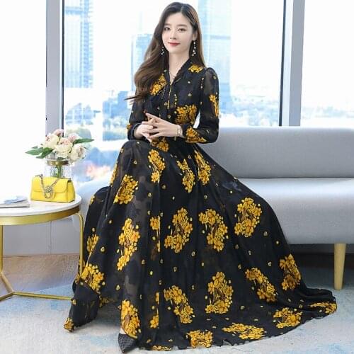 2021 spring and summer womens new long dress Jacquard chiffon super fairy waist beach big bow long skirt tide