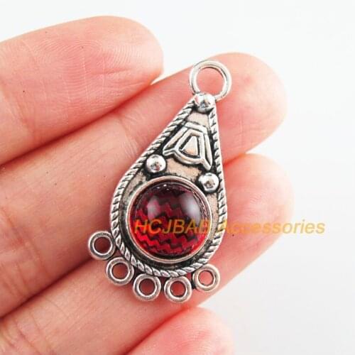 8 New Flower Charms Red Glaze Teardrop Connectors Tibetan Silver Tone 19x35mm