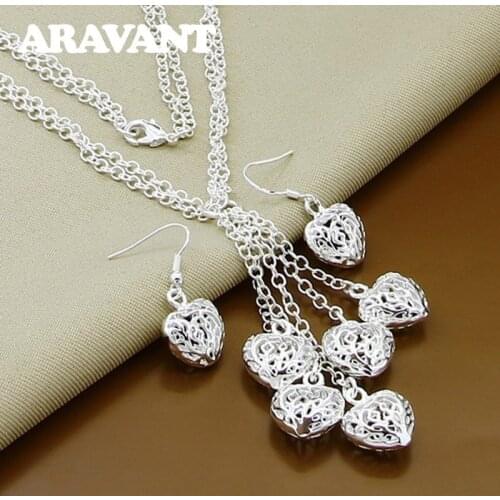 925 Silver Jewelry Sets For Women Love Heart Tassel Necklaces Drop Earrings Wedding Sets