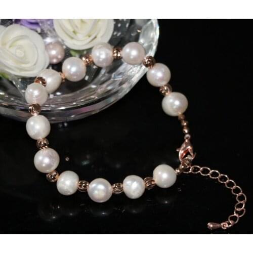 Charms natural white 9-10mm approx round pearl beads strand bracelet for women rose gold-color spacer diy jewelry 7.5inch B3018