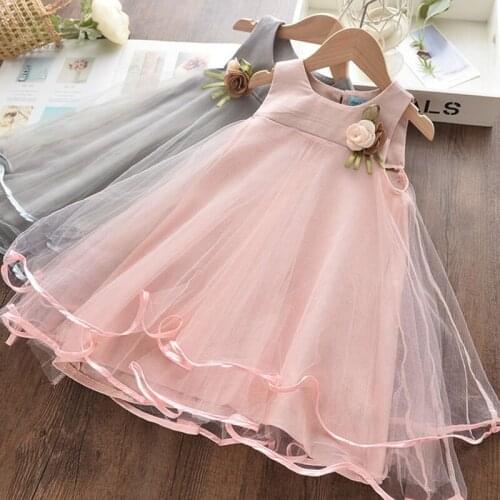 Kids' Dresses Children Korean Clothes Girl Sleeveless Floral Mesh Vest Skirt Send Corsage Princess Dress Toddler Girl Pink Dress