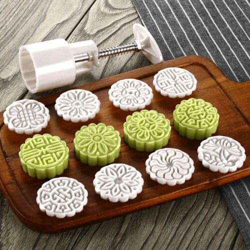 50g Mooncake Mold with 8pcs Flower Stamps Mold Hand Press Moon Cake Pastry Mould DIY Bakeware for Mid-autumn Festival