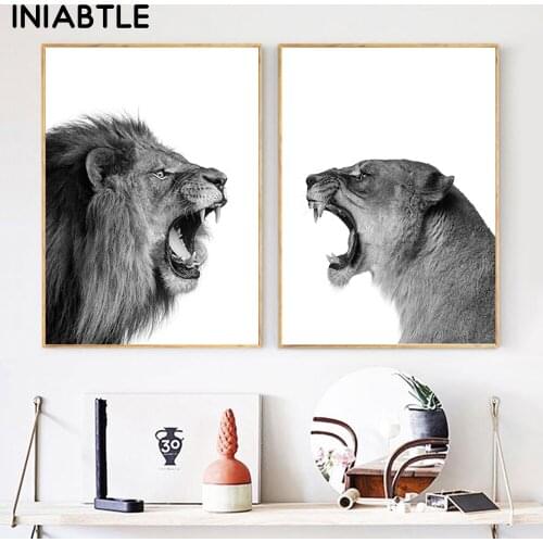 Lion And Lioness Canvas Poster Black White Woodlands Animal Wall Art Print Painting Nursery Picture For Living Room Home Decor