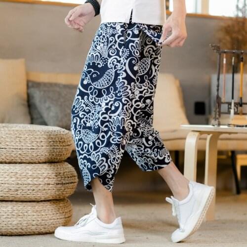Yukata Unisex Japanese Kimono Haori Pants Asian Men Kimono Ukiyo Wave Print Casual Elastic Cartoon Leisure Loose Harem Trousers