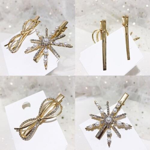 Korean Women Alloy Alligator Hair Clip Rhinestone Imitation Pearl Jewelry Hairpin Hollow Bowknot Star Geometric Barrette