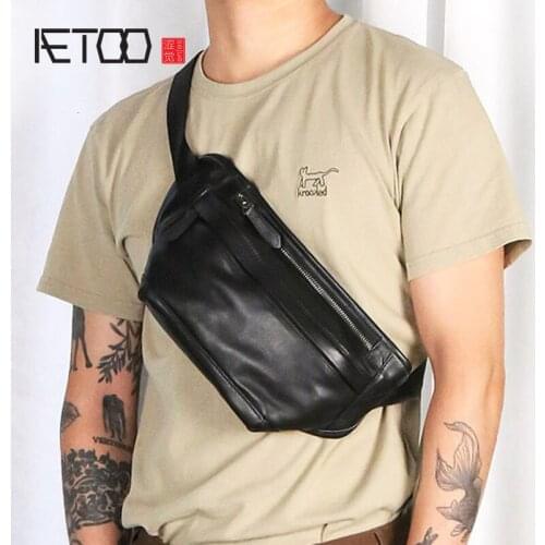 AETOO Leather leather black retro fashion chest bag leather cross shoulder single shoulder shoulder bag small Satchel