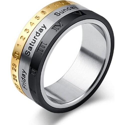 Creative Rotate Time Turn Rings Three-color Calendar Week Roman Digital Stainless Steel Jewelry For Man Party Accessory