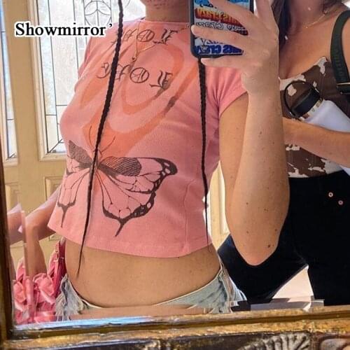 Showmirror Summer Cute Butterfly Print Cotton T-shirt Womens T shirt Croped Tops Club Knitted T shirt Female Sexy Tops Y2k