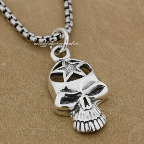 LINSION 925 Sterling Silver Start Skull Mens Biker Punk Pendant 9H020