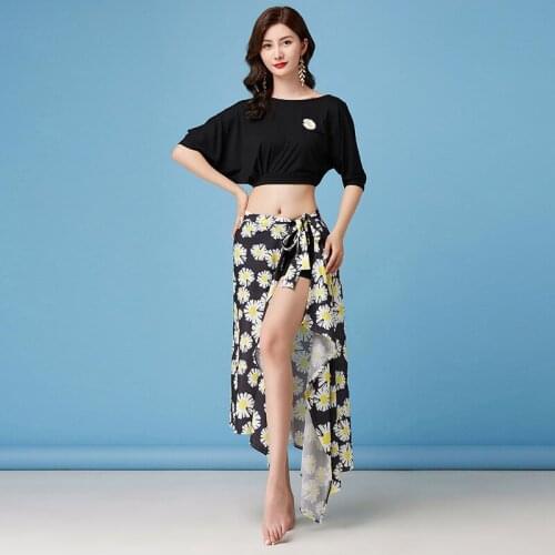 Fashion Dance Clothing Black Modal Top Printed Skirt with Daisy Embroidery Girls Costume Belly Dance Hip Scarf