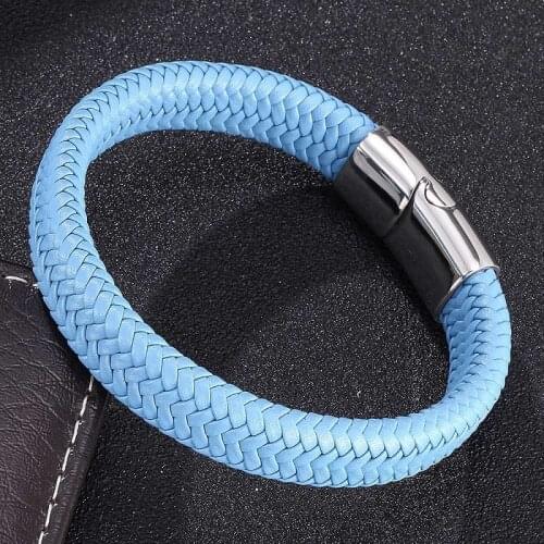 Fashion Blue Braided Leather Bracelet Men Jewelry Stainless Steel Magnetic Clasp Punk Bracelets Bangles Male Wrist Band Gifts