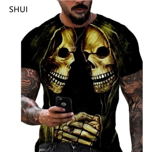2021 Summer New Mens 3D Printed T-shirt Skull Pattern Casual Breathable Streetwear Stitching Printing Short-sleeved Large Size