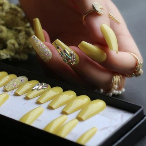 Lemon yellow ballet false nails Cute summer fake nails coffin AB rainbow Small diamond press on nails Adhesive tabs sticker