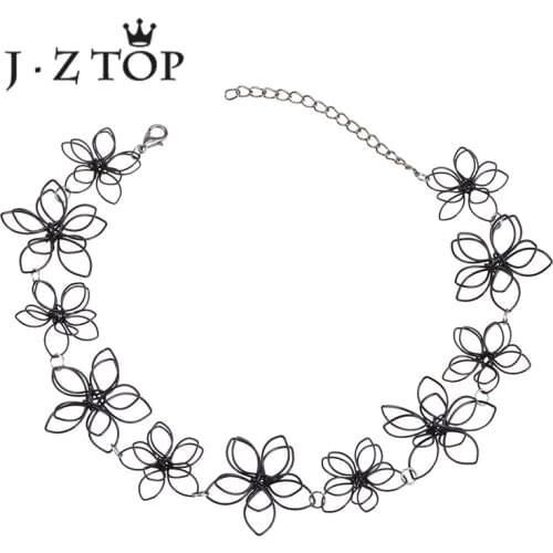 JZTOP Cute Black Hollow Flower Necklace Woman Stereo Multilayer Chokers Necklace Female Fashion Jewelry Collier