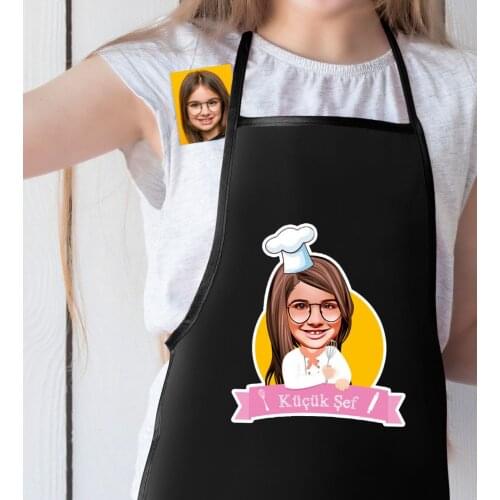 Personalized Small Chef Caricature Of Female Child Black Kitchen Önlüğü-9