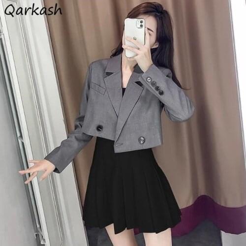 Blazers Women Cropped Classy Stylish All-match Button Notched Clothing Solid Design Casual Temperament Slim Summer Teens Newest