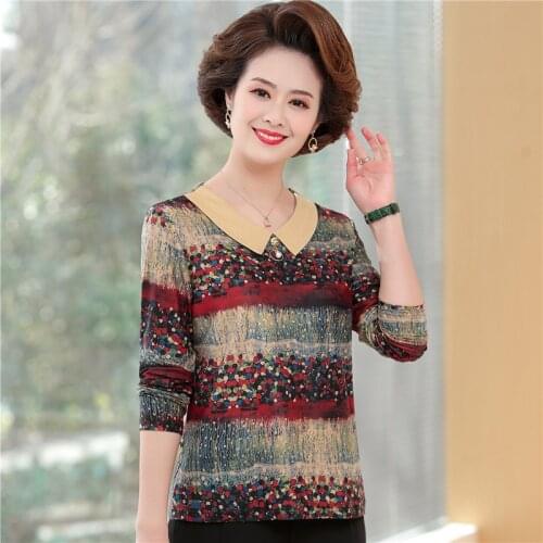 Pullover V-Neck Print T-Shirt Women Casual Spring Summer 2021 New Mother Clothing Plus Size Floral Long Sleeve Tops