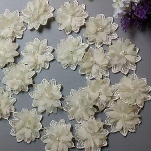 2 yard Ivory Soluble Chiffon Pearl Flowers Embroidered Lace Trim Ribbon Fabric Sewing Craft For Costume Wedding Dress Decoration