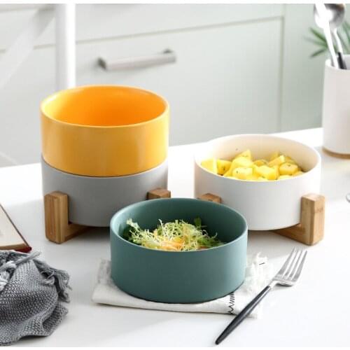 Salad Bowl with Bamboo Wooden Shelf Creative Durable Ceramic Container Fruit Dessert Dish Tray Pure Color