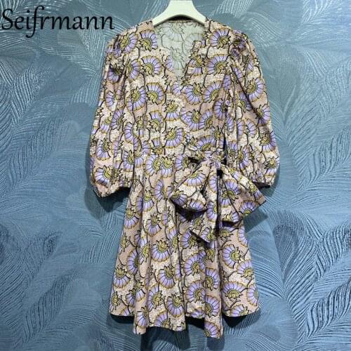 Seifrmann New 2021 Summer Women Fashion Designer Party Midi Dress Lantern Sleeve Bow Sashes Print Ladies A-Line Dresses Vestidos