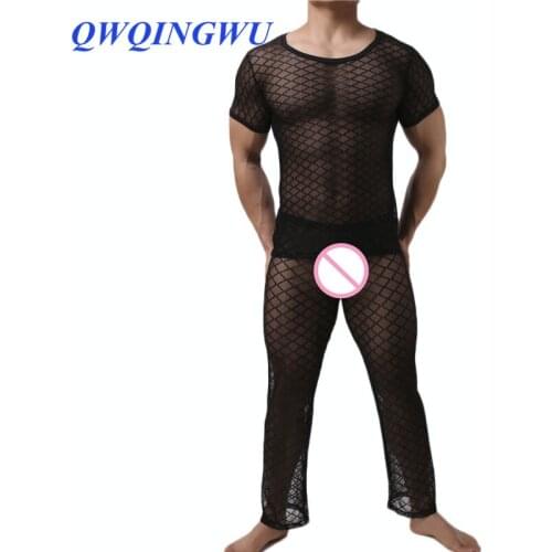 Sexy Men Long Johns Underwear Mens Short Sleeves Mesh Transparent Sleepwear Nightwear Underwear Sets Long Johns Tops Pants Set