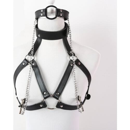 Sexy Faux Leather Lingerie Breast Binder Bra Top and Mouth Gag with Nipple Clamps Female Body Harness Fetish Restraint Costume