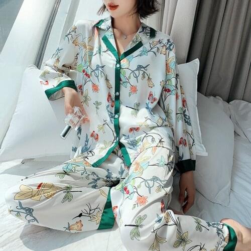 Fdfklak Silk Pajamas Women Sexy Floral Printing Spring Summer Female Pyjamas Long Shirt 2Piece/Set 2021 New Home Sleepwear