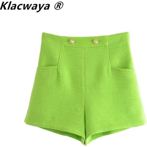 Klacwaya Za Women 2021 Green High Waist Shorts Summer Elegant Buttoned Pocket Decoration Textured Casual Shorts