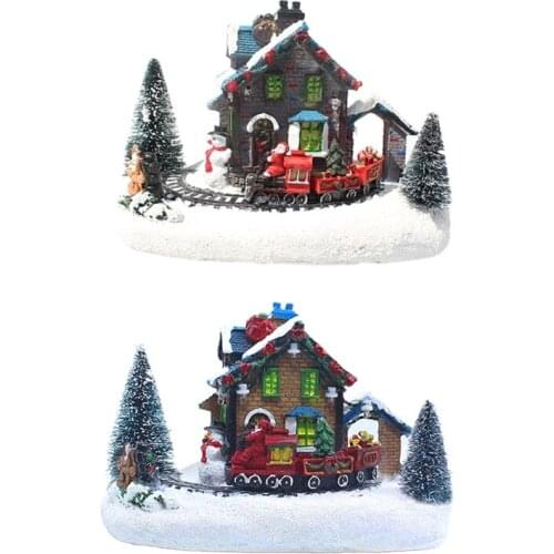 Creative Color LED Lights Christmas Small Train Village House Luminous Landscape Snow Figurines Resin Desktop Ornament