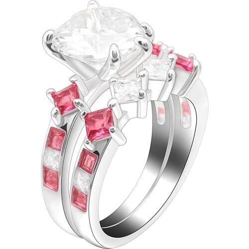 Ufooro White Big Stone Zircon ring set For women wedding Rhodium plated Princess lady gift Engagement Ring set Pave Color Stone